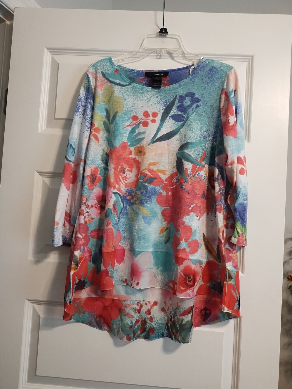 Ali Miles Floral Watercolor Tunic Top in Aqua & Coral